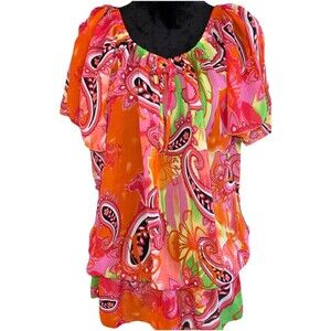 Yummy Plus MADE IN USA Floral Fun Colorful Print Blouse CoverUp 3XL